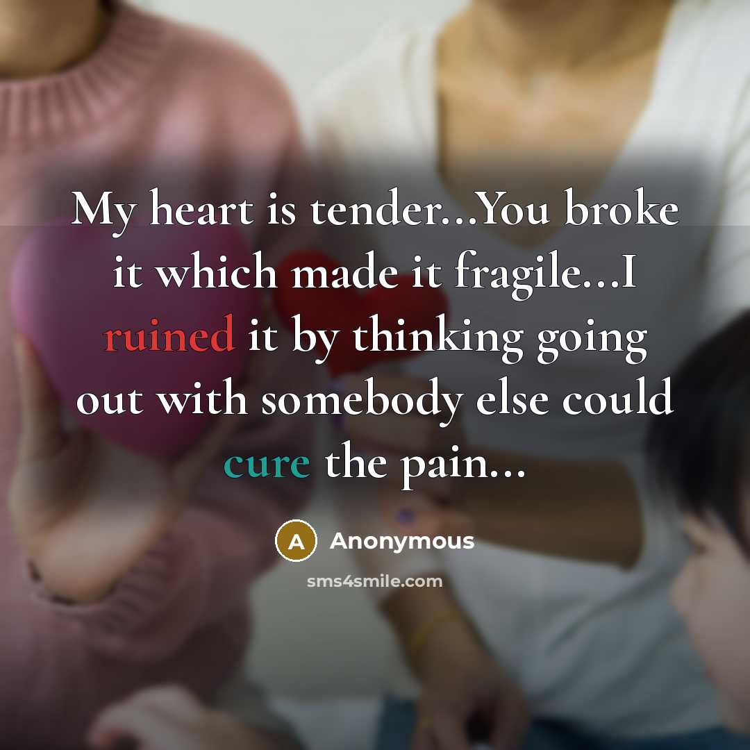 “My heart is tender...You broke it which made it fragile...I ruined it by thinking going out with somebody else could cure the pain...” quote by Anonymous