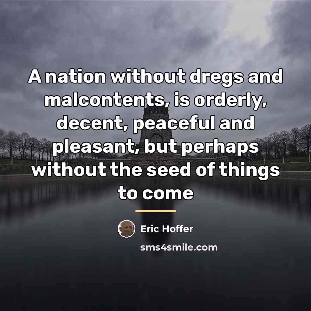 “A nation without dregs and malcontents, is orderly, decent, peaceful…” quote by Eric Hoffer