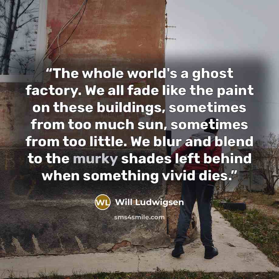 “The whole world's a ghost factory. We all fade like the paint on these buildings, sometimes from too much sun, sometimes from too little. We blur and blend to the murky shades left behind when something vivid dies.” quote by Will Ludwigsen