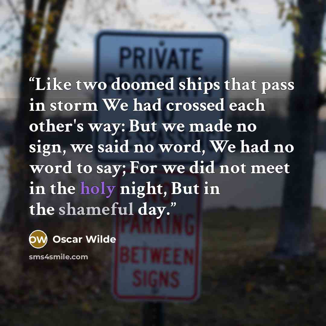 “Like two doomed ships that pass in storm We had crossed each other's way: But we made no sign, we said no word, We had no word to say; For we did not meet in the holy night, But in the shameful day.” quote by Oscar Wilde