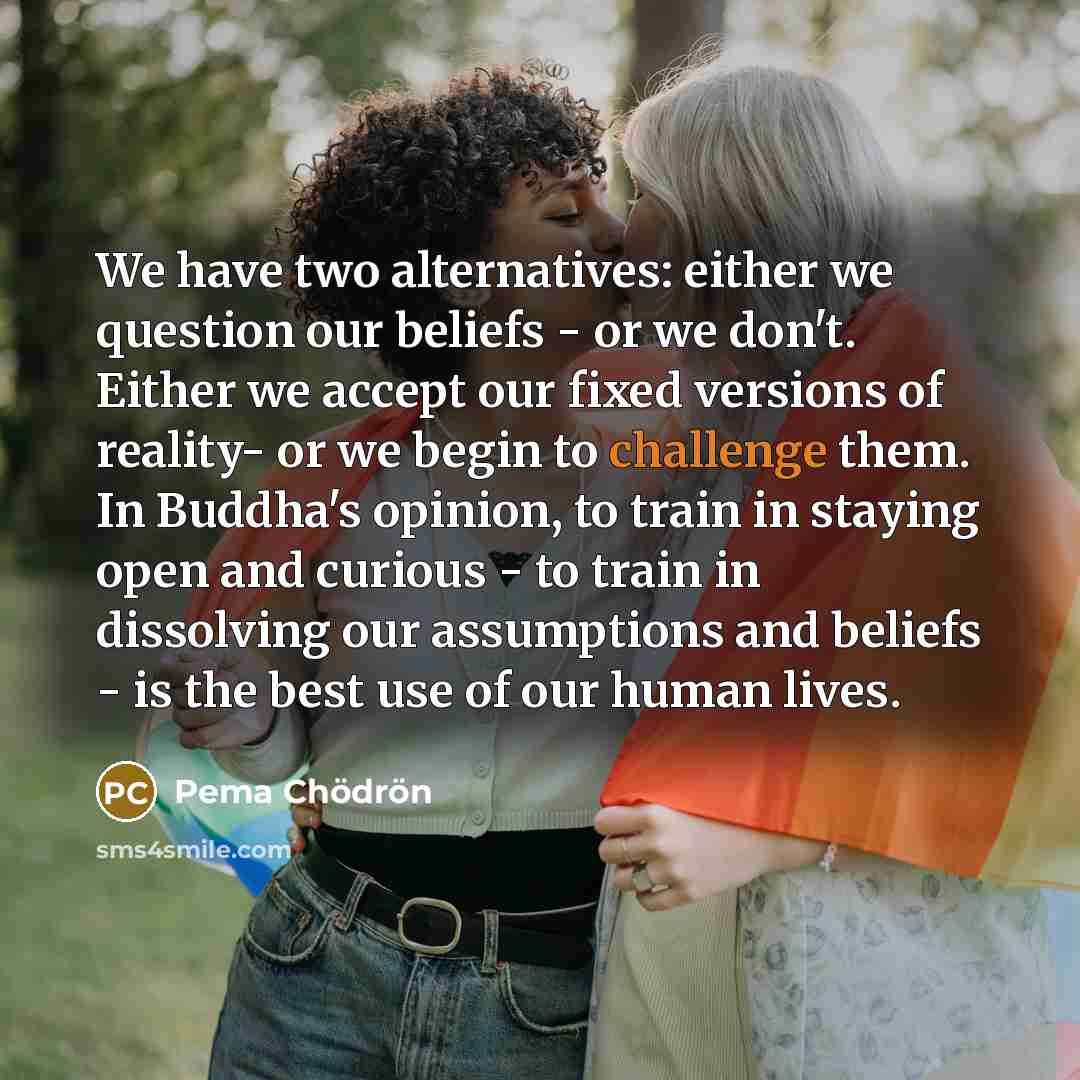 “We have two alternatives: either we question our beliefs -…” quote by Pema Chodron