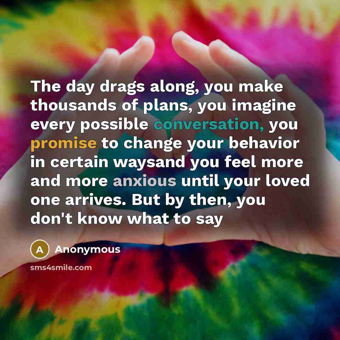 “The day drags along, you make thousands of plans, you imagine every possible conversation, you promise to change your behavior in certain waysand you feel more and more anxious until your loved one arrives. But by then, you don't know what to say” quote by Anonymous