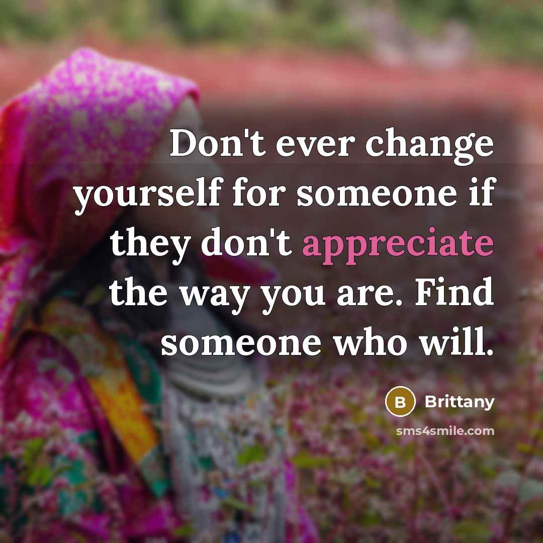 “Don't ever change yourself for someone if they don't appreciate the way you are. Find someone who will.” quote by Brittany