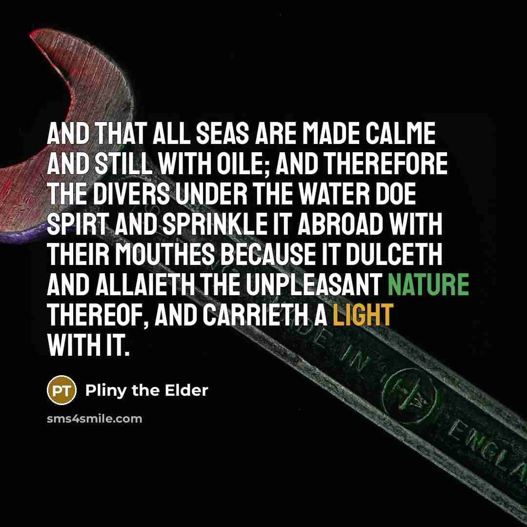 “And that all seas are made calme and still with oile; and therefore the Divers under the water doe spirt and sprinkle it abroad with their mouthes because it dulceth and allaieth the unpleasant nature thereof, and carrieth a light with it.” quote by Pliny the Elder