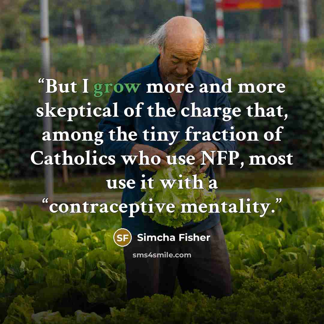 “But I grow more and more skeptical of the charge that, among the tiny fraction of Catholics who use NFP, most use it with a “contraceptive mentality.” quote by Simcha Fisher