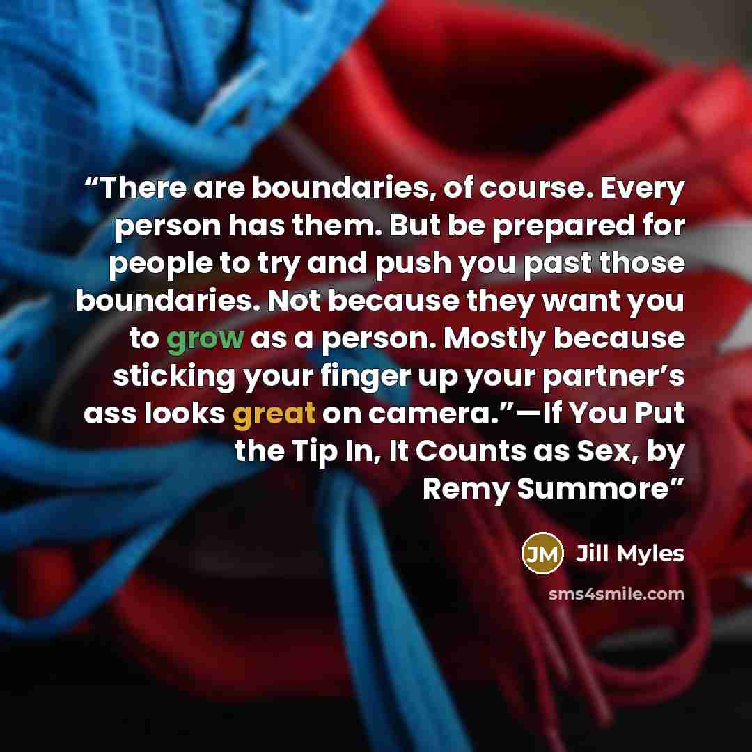 “There are boundaries, of course. Every person has them. But be prepared for people to try and push you past those boundaries. Not because they want you to grow as a person. Mostly because sticking your finger up your partner’s ass looks great on camera.”—If You Put the Tip In, It Counts as Sex, by…” quote by Jill Myles