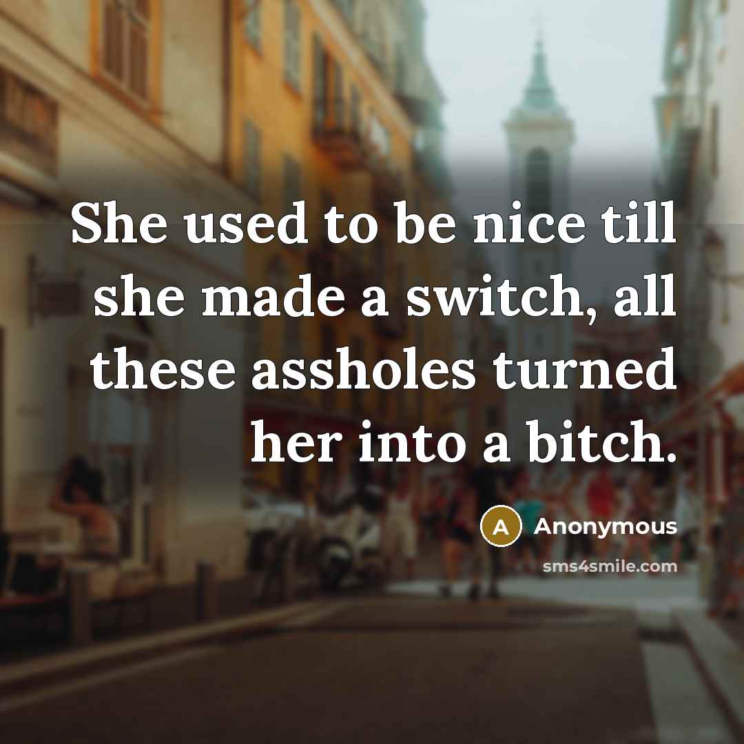 “She used to be nice till she made a switch, all these assholes turned her into a bitch.” quote by Anonymous