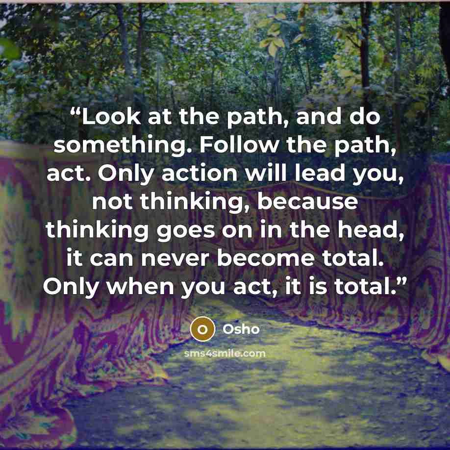 “Look at the path, and do something. Follow the path, act. Only action will lead you, not thinking, because thinking goes on in the head, it can never become total. Only when you act, it is total.” quote by Osho