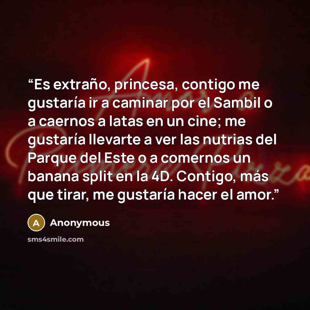 “Es extraño, princesa, contigo me gustaría ir a caminar por el Sambil o a caernos a latas en un cine; me gustaría llevarte a ver las nutrias del Parque del Este o a comernos un banana split en la 4D. Contigo, más que tirar, me gustaría hacer el amor.” quote by Anonymous