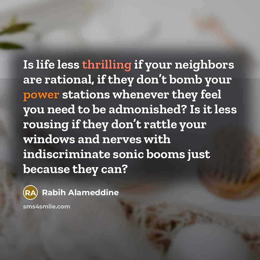 “Is life less thrilling if your neighbors are rational, if…” quote by Rabih Alameddine
