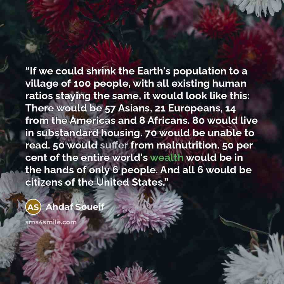 “If we could shrink the Earth's population to a village of 100 people, with all existing human ratios staying the same, it would look like this: There would be 57 Asians, 21 Europeans, 14 from the Americas and 8 Africans. 80 would live in substandard housing. 70 would be unable to read. 50 would…” quote by Ahdaf Soueif