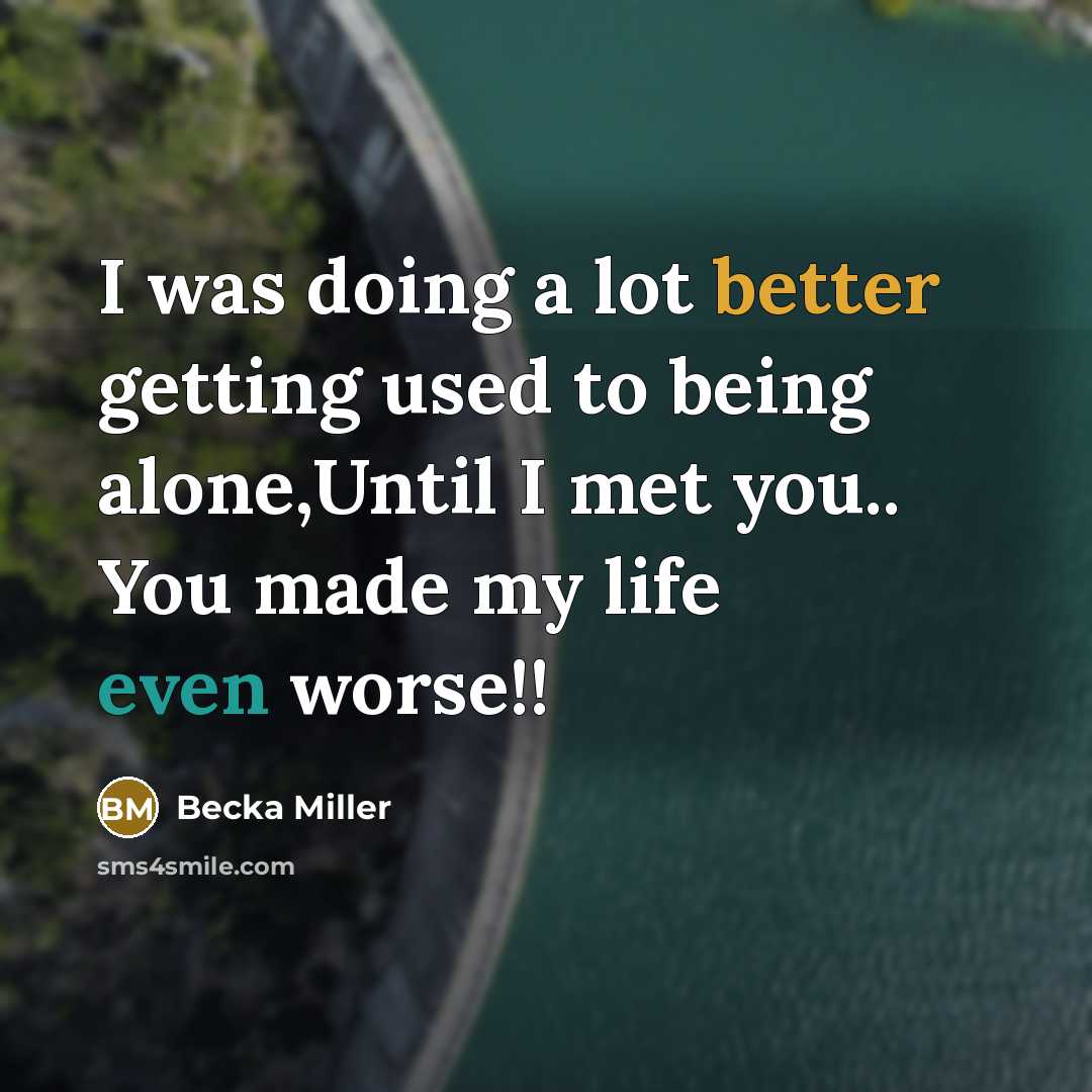 “I was doing a lot better getting used to being alone,Until I met you.. You made my life even worse!!” quote by Becka Miller