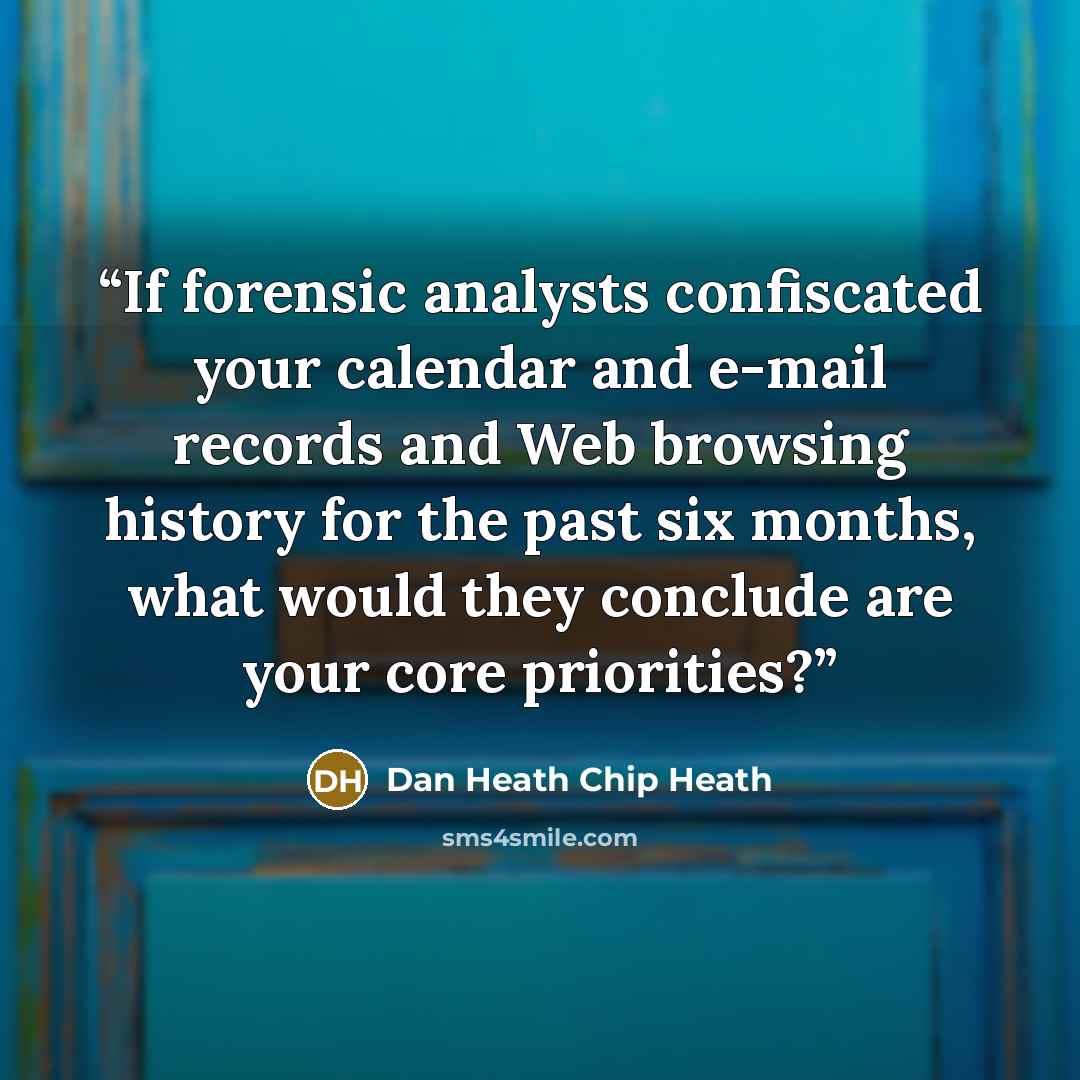 “If forensic analysts confiscated your calendar and e-mail records and Web browsing history for the past six months, what would they conclude are your core priorities?” quote by Dan Heath Chip Heath