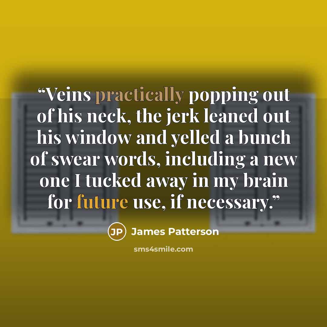 “Veins practically popping out of his neck, the jerk leaned out his window and yelled a bunch of swear words, including a new one I tucked away in my brain for future use, if necessary.” quote by James Patterson