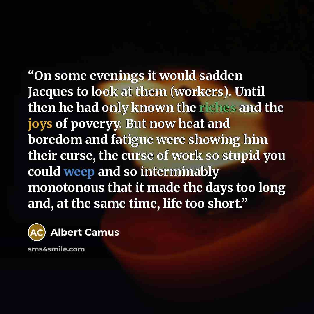 “On some evenings it would sadden Jacques to look at them (workers). Until then he had only known the riches and the joys of poveryy. But now heat and boredom and fatigue were showing him their curse, the curse of work so stupid you could weep and so interminably monotonous that it made the days…” quote by Albert Camus