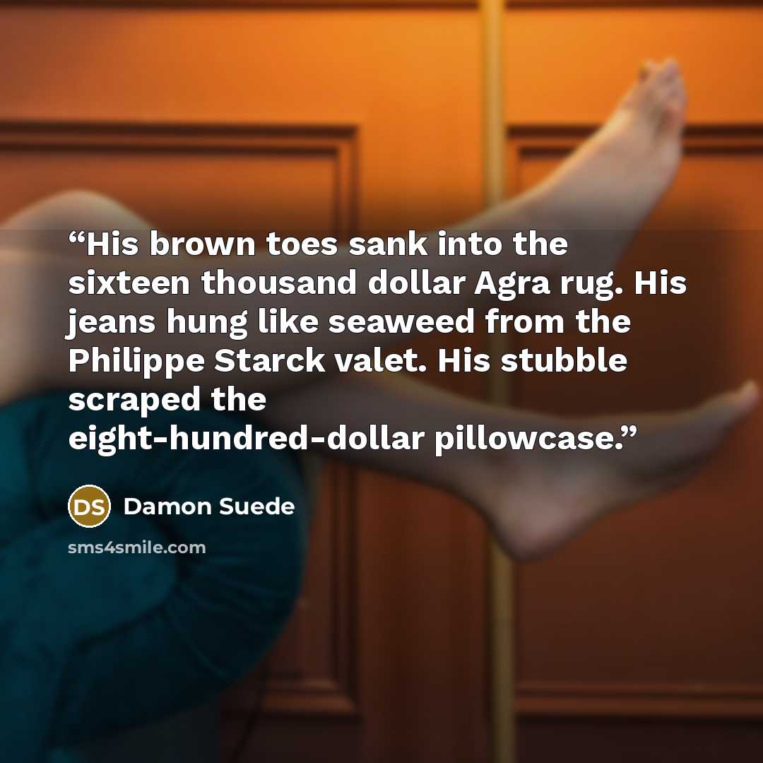 “His brown toes sank into the sixteen thousand dollar Agra rug. His jeans hung like seaweed from the Philippe Starck valet. His stubble scraped the eight-hundred-dollar pillowcase.” quote by Damon Suede