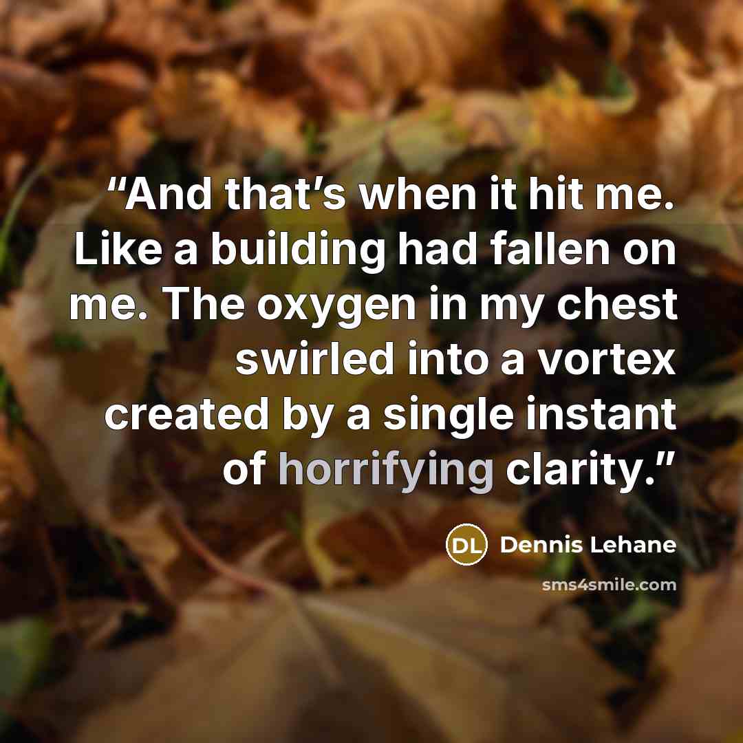 “And that’s when it hit me. Like a building had fallen on me. The oxygen in my chest swirled into a vortex created by a single instant of horrifying clarity.” quote by Dennis Lehane