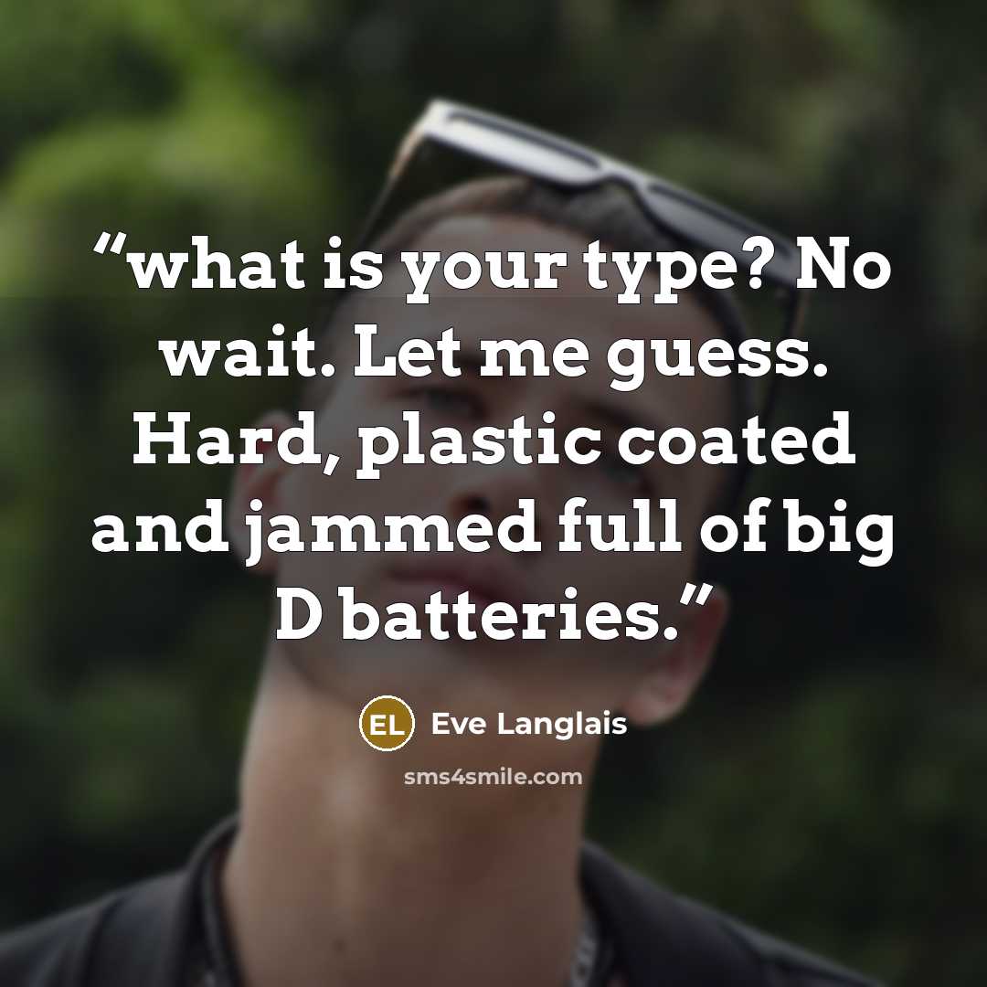 “what is your type? No wait. Let me guess. Hard, plastic coated and jammed full of big D batteries.” quote by Eve Langlais