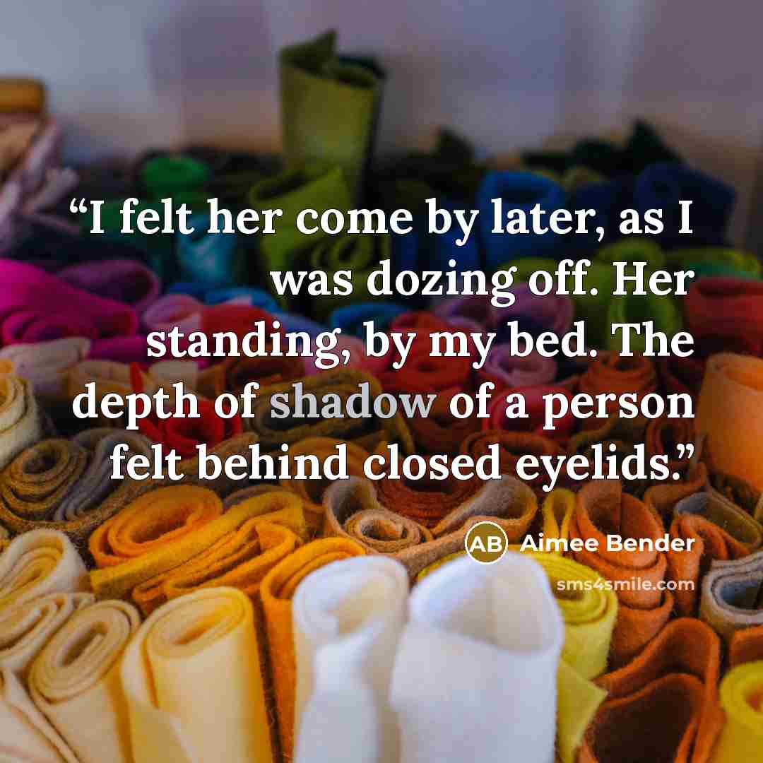 “I felt her come by later, as I was dozing off. Her standing, by my bed. The depth of shadow of a person felt behind closed eyelids.” quote by Aimee Bender