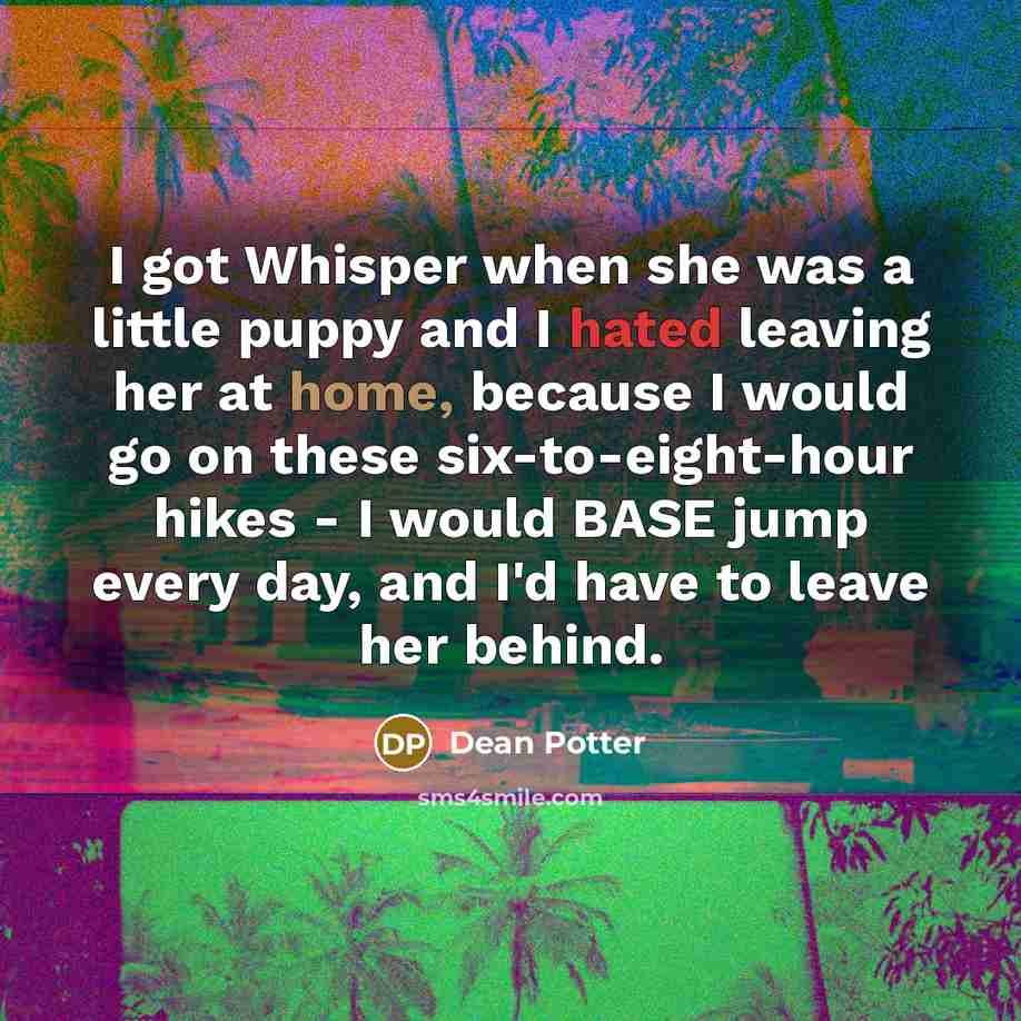“I got Whisper when she was a little puppy and I hated leaving her at home, because I would go on these six-to-eight-hour hikes - I would BASE jump every day, and I'd have to leave her behind.” quote by Dean Potter