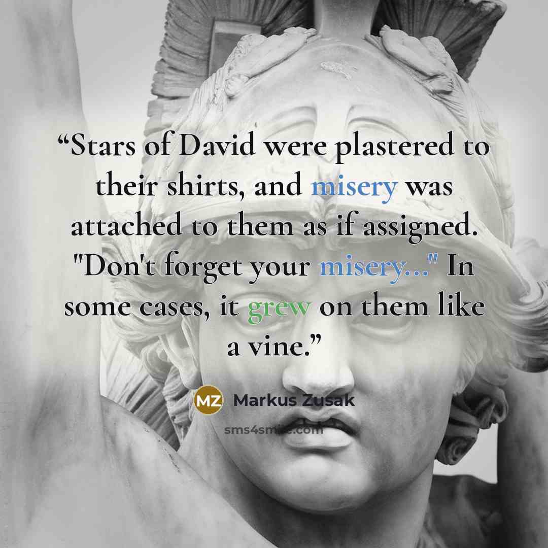 “Stars of David were plastered to their shirts, and misery was attached to them as if assigned. "Don't forget your misery..." In some cases, it grew on them like a vine.” quote by Markus Zusak