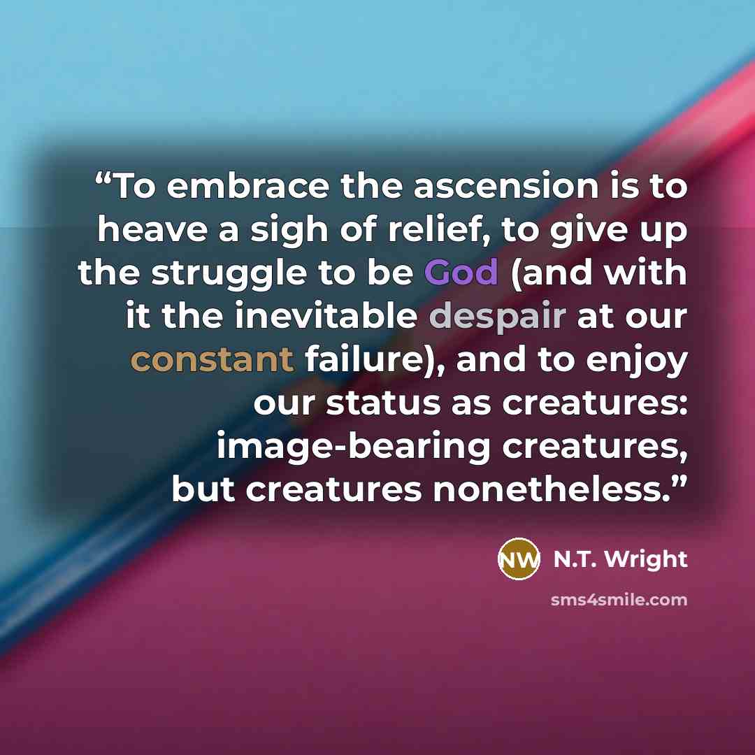 “To embrace the ascension is to heave a sigh of relief, to give up the struggle to be God (and with it the inevitable despair at our constant failure), and to enjoy our status as creatures: image-bearing creatures, but creatures nonetheless.” quote by N.T. Wright