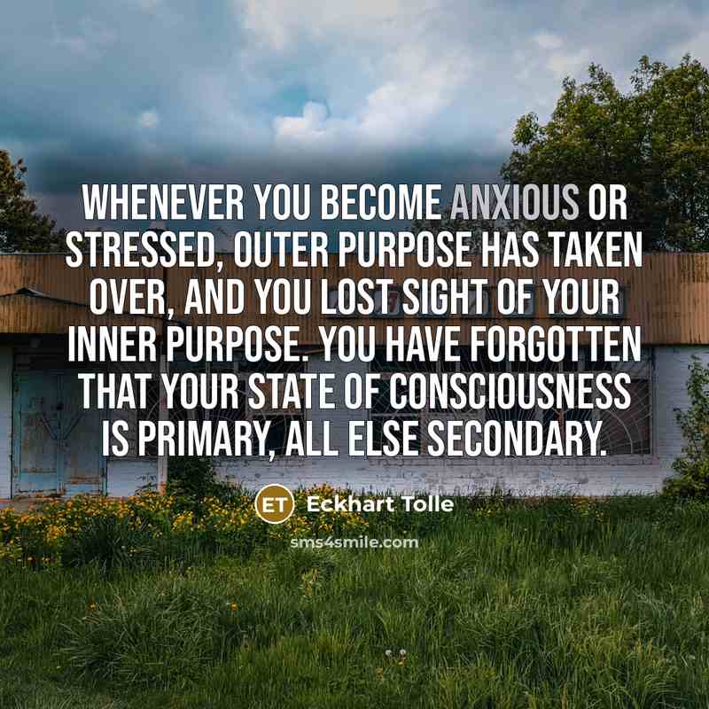 “Whenever you become anxious or stressed, outer purpose has taken…” quote by Eckhart Tolle