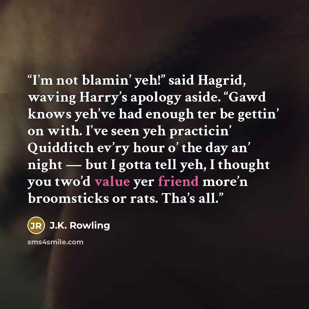 “I’m not blamin’ yeh!” said Hagrid, waving Harry’s apology aside. “Gawd knows yeh’ve had enough ter be gettin’ on with. I’ve seen yeh practicin’ Quidditch ev’ry hour o’ the day an’ night — but I gotta tell yeh, I thought you two’d value yer friend more’n broomsticks or rats. Tha’s all.” quote by J.K. Rowling