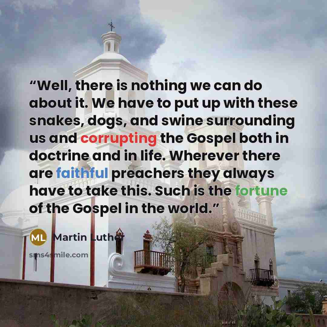 “Well, there is nothing we can do about it. We have to put up with these snakes, dogs, and swine surrounding us and corrupting the Gospel both in doctrine and in life. Wherever there are faithful preachers they always have to take this. Such is the fortune of the Gospel in the world.” quote by Martin Luther