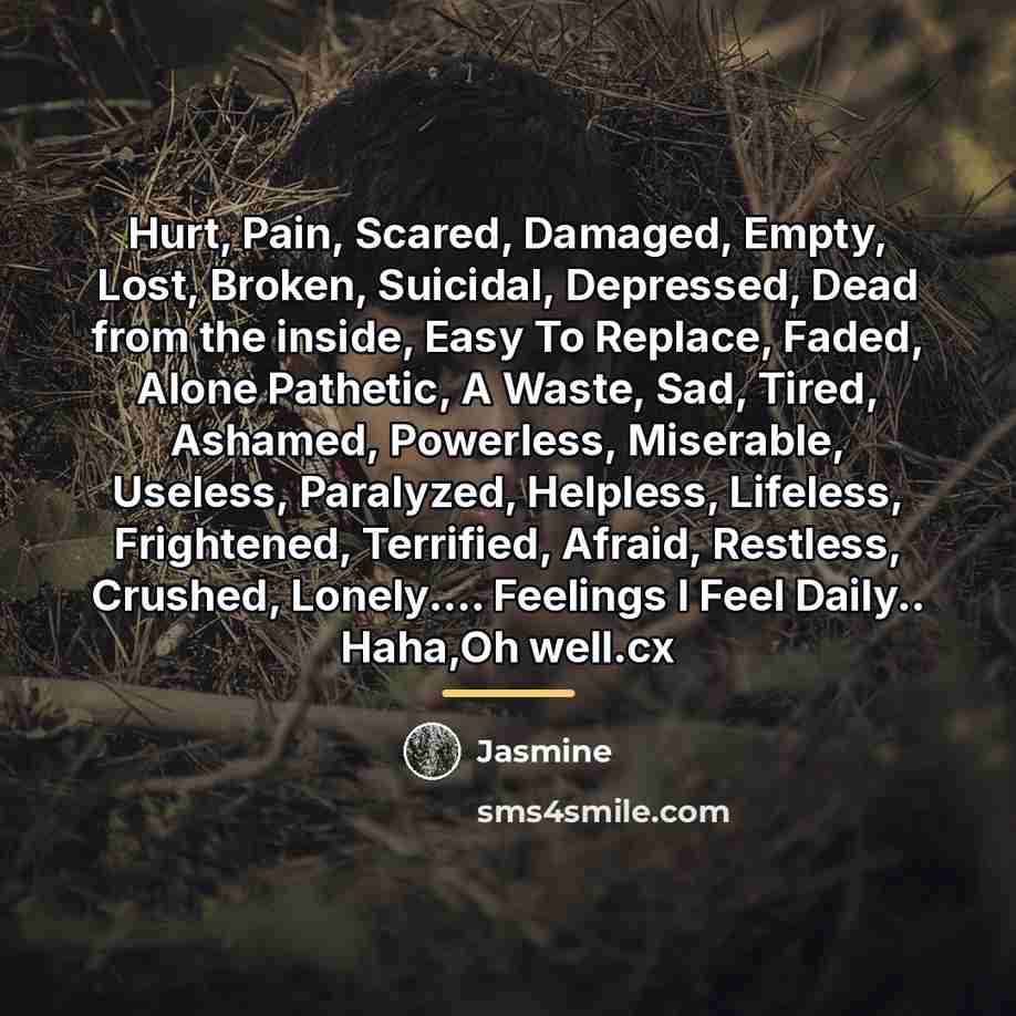 “Hurt, Pain, Scared, Damaged, Empty, Lost, Broken, Suicidal, Depressed, Dead…” quote by Jasmine
