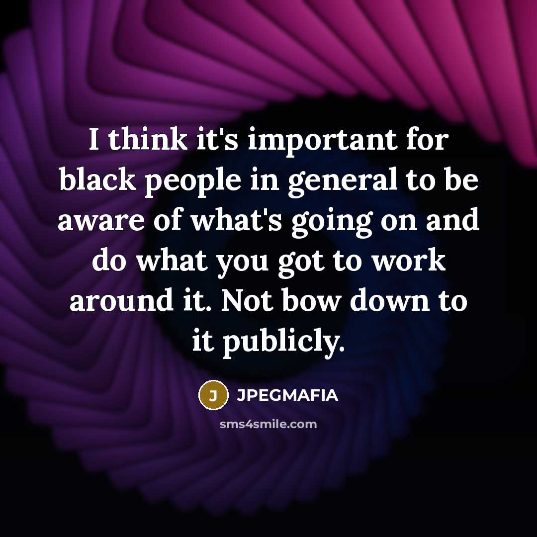 “I think it's important for black people in general to be aware of what's going on and do what you got to work around it. Not bow down to it publicly.” quote by JPEGMAFIA