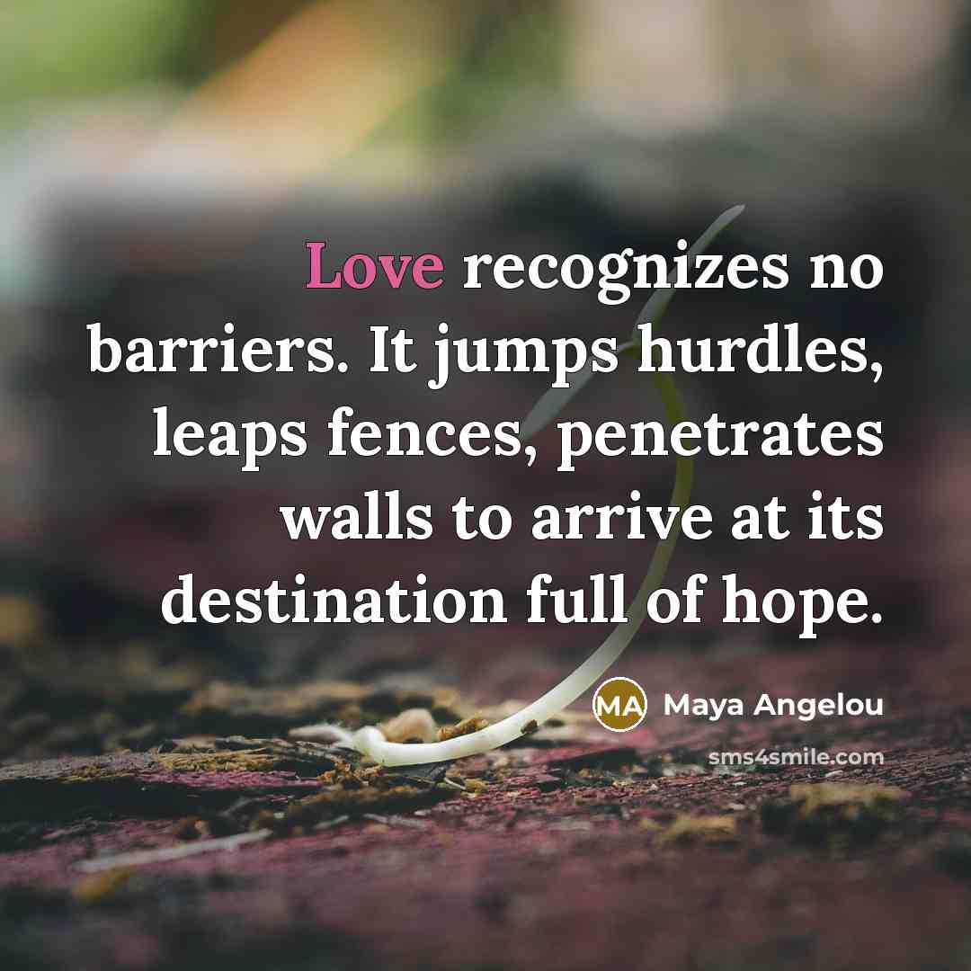 “Love recognizes no barriers. It jumps hurdles, leaps fences, penetrates…” quote by Maya Angelou