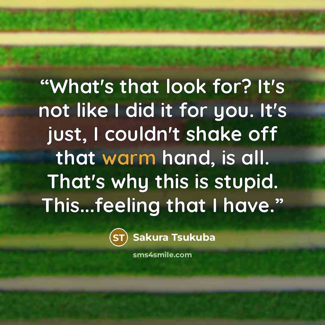 “What's that look for? It's not like I did it for you. It's just, I couldn't shake off that warm hand, is all. That's why this is stupid. This...feeling that I have.” quote by Sakura Tsukuba