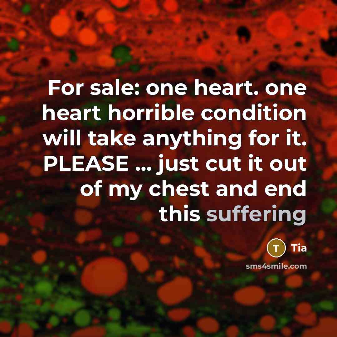 “For sale: one heart. one heart horrible condition will take anything for it. PLEASE ... just cut it out of my chest and end this suffering” quote by Tia