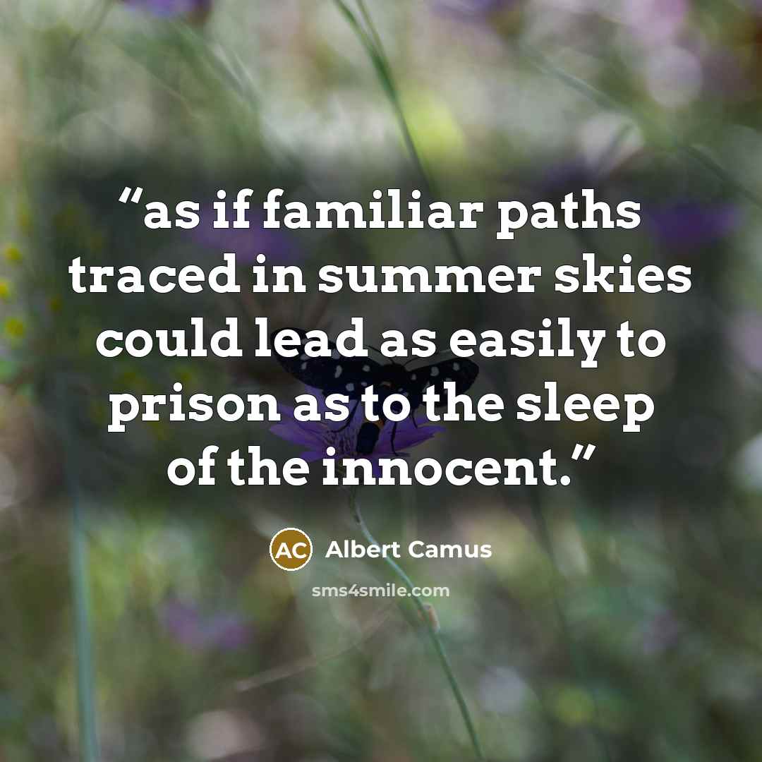“as if familiar paths traced in summer skies could lead as easily to prison as to the sleep of the innocent.” quote by Albert Camus