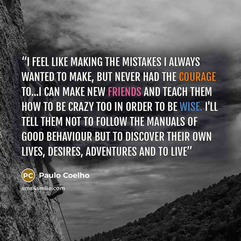 “I feel like making the mistakes I always wanted to make, but never had the courage to...I can make new friends and teach them how to be crazy too in order to be wise. I'll tell them not to follow the manuals of good behaviour but to discover their own lives, desires, adventures and to live” quote by Paulo Coelho