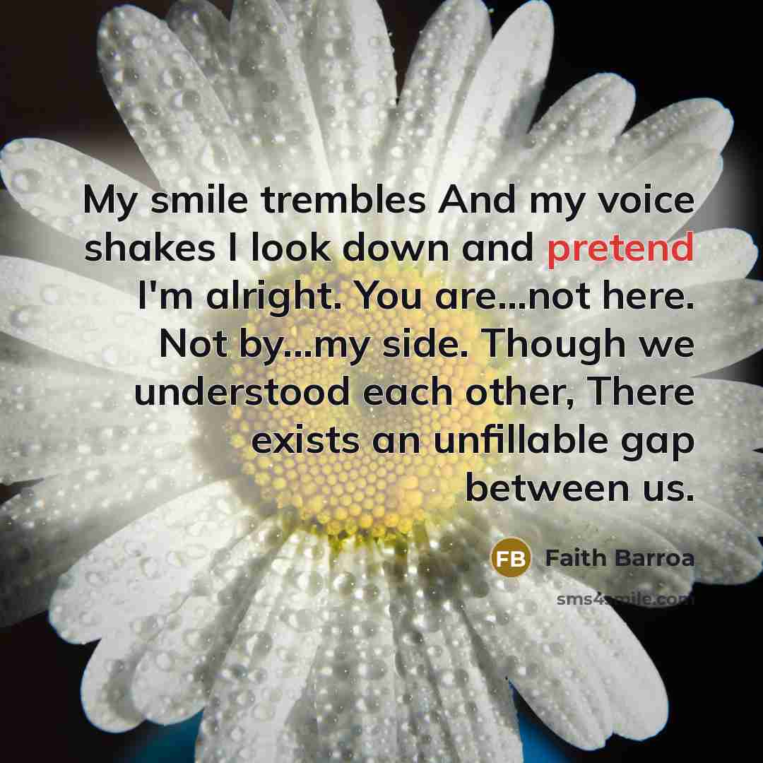 “My smile trembles And my voice shakes I look down and pretend I'm alright. You are...not here. Not by...my side. Though we understood each other, There exists an unfillable gap between us.” quote by Faith Barroa