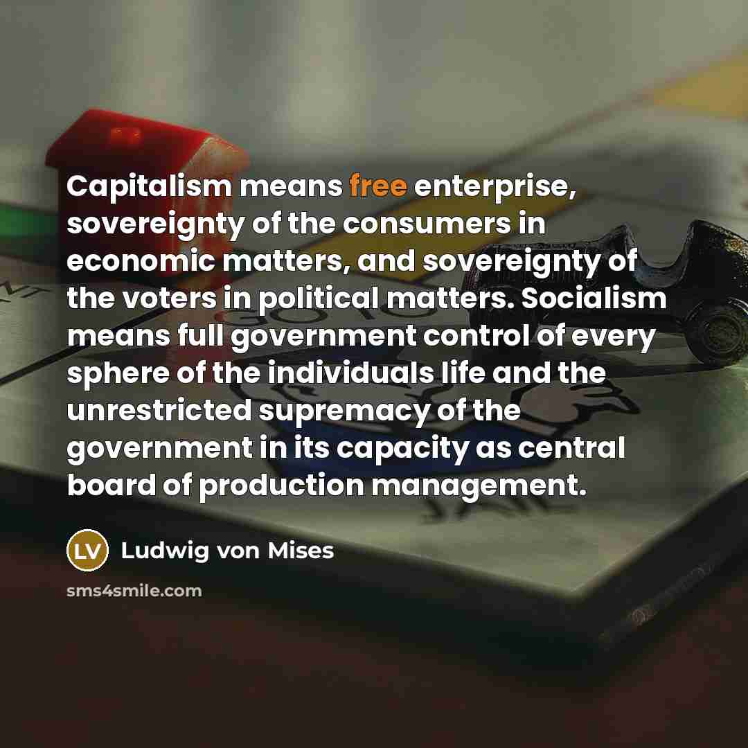 “Capitalism means free enterprise, sovereignty of the consumers in economic…” quote by Ludwig von Mises