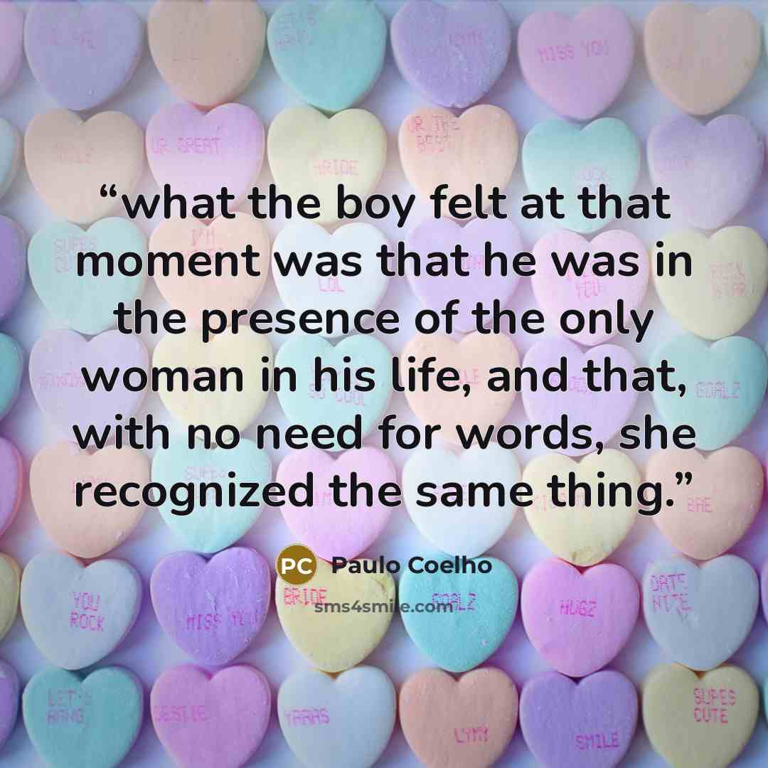 “what the boy felt at that moment was that he was in the presence of the only woman in his life, and that, with no need for words, she recognized the same thing.” quote by Paulo Coelho