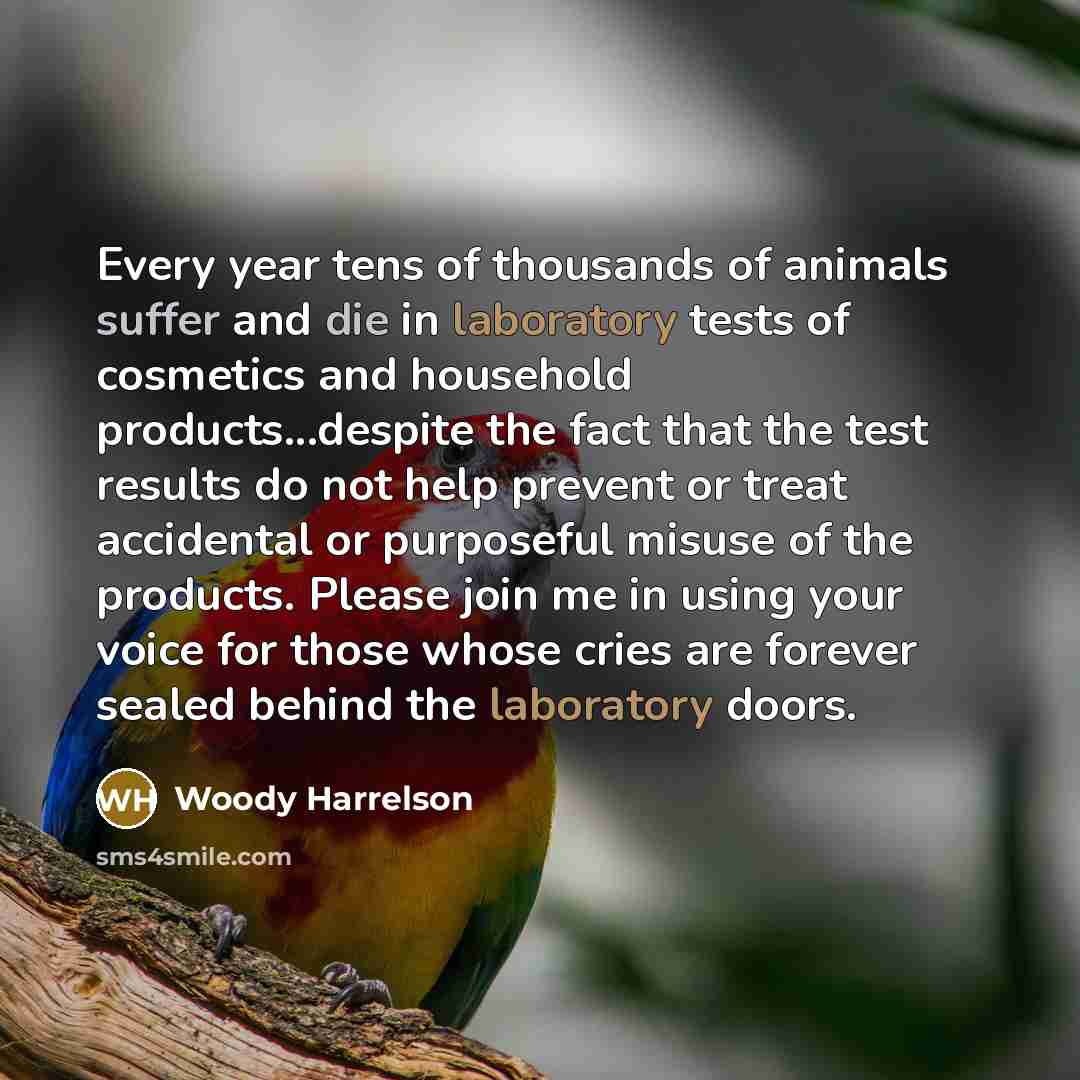 “Every year tens of thousands of animals suffer and die…” quote by Woody Harrelson