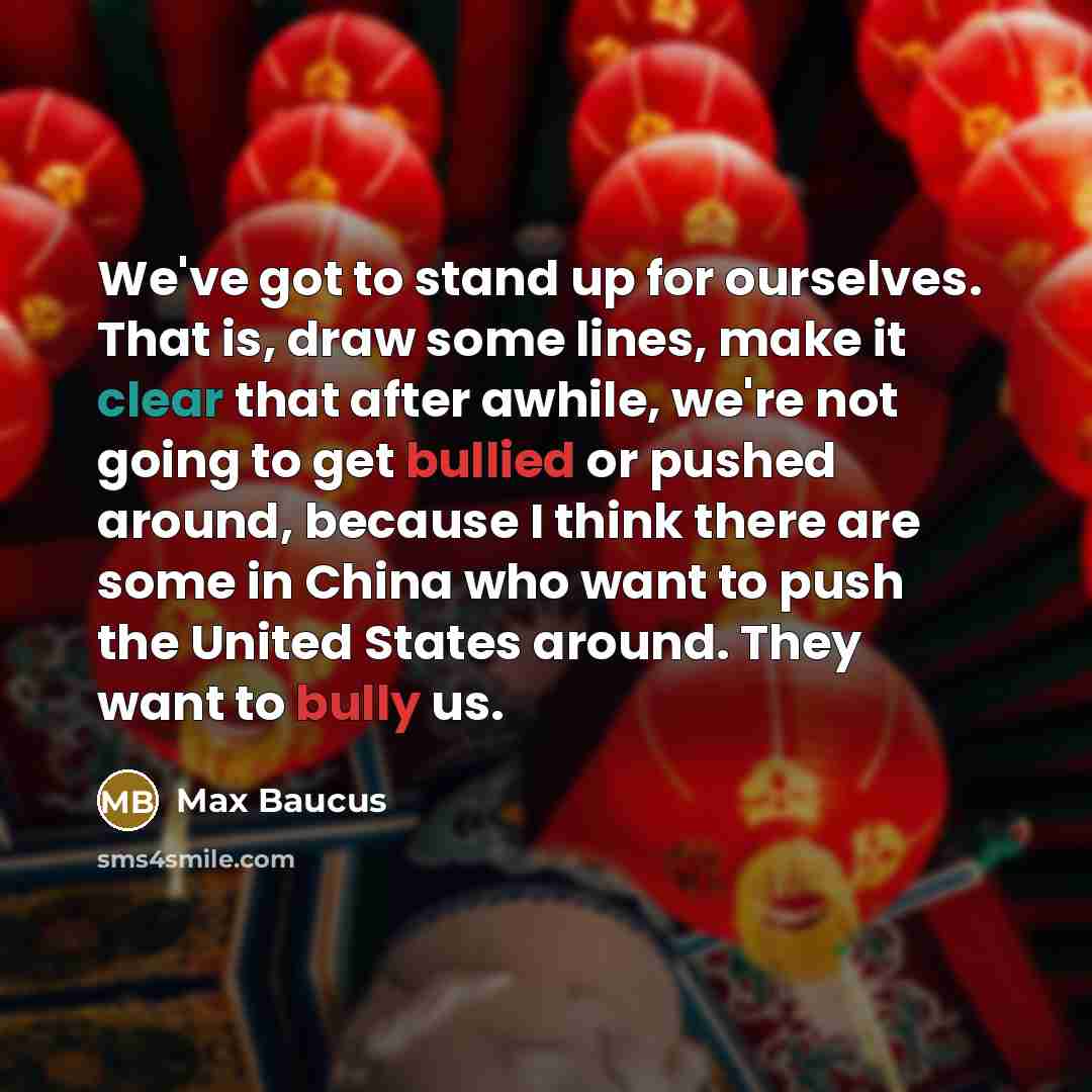 “We've got to stand up for ourselves. That is, draw some lines, make it clear that after awhile, we're not going to get bullied or pushed around, because I think there are some in China who want to push the United States around. They want to bully us.” quote by Max Baucus
