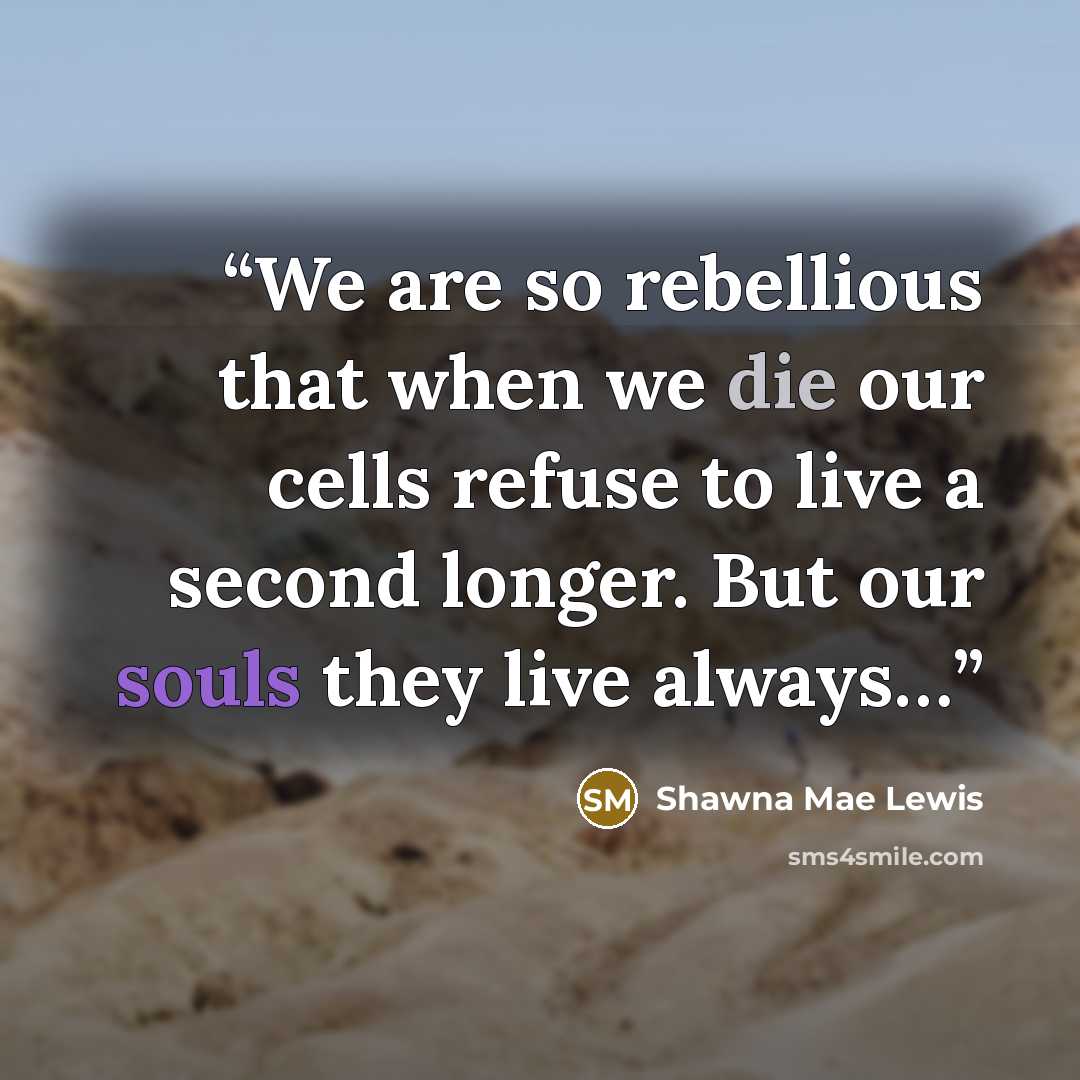 “We are so rebellious that when we die our cells refuse to live a second longer. But our souls they live always…” quote by Shawna Mae Lewis