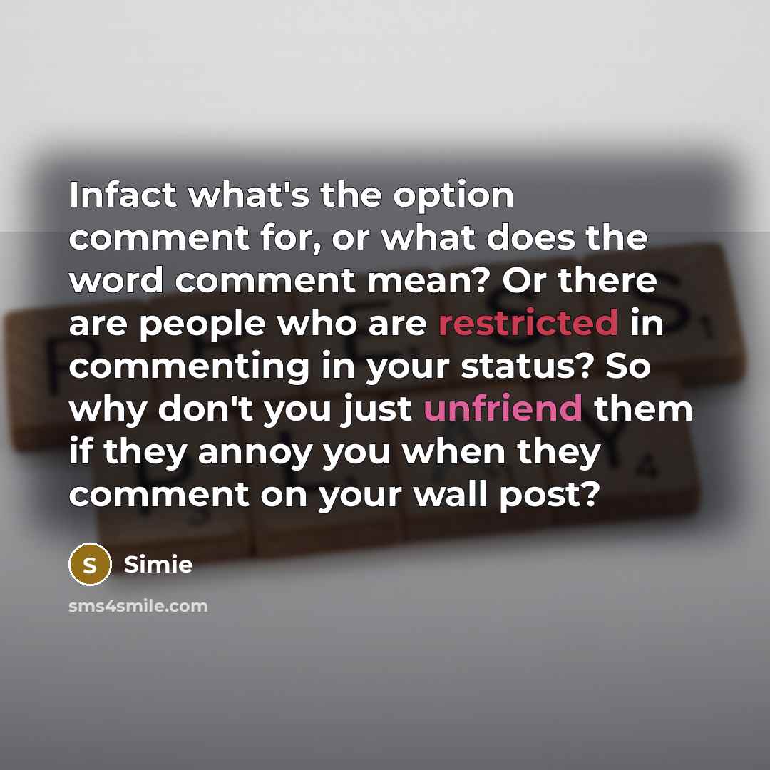 “Infact what's the option comment for, or what does the word comment mean? Or there are people who are restricted in commenting in your status? So why don't you just unfriend them if they annoy you when they comment on your wall post?” quote by Simie