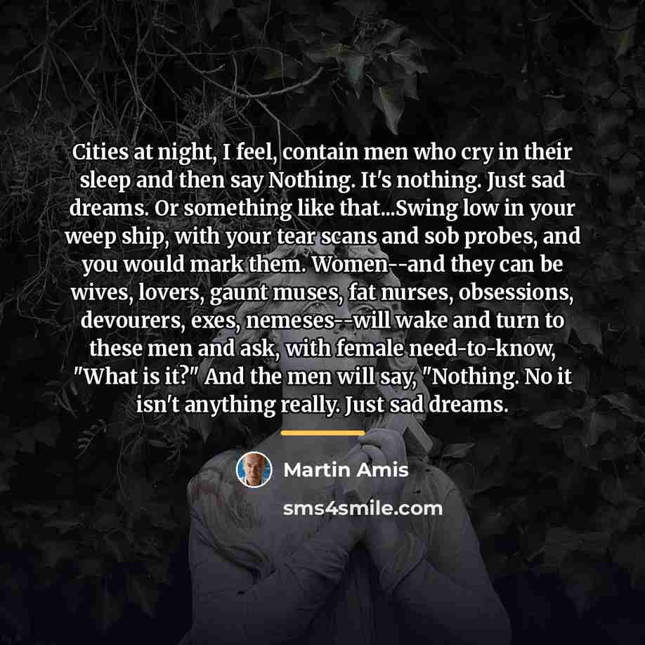 “Cities at night, I feel, contain men who cry in…” quote by Martin Amis