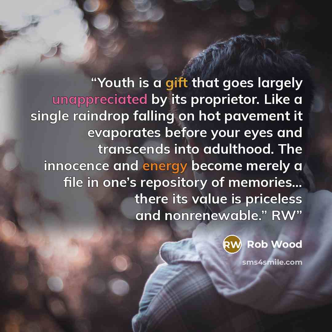 “Youth is a gift that goes largely unappreciated by its proprietor. Like a single raindrop falling on hot pavement it evaporates before your eyes and transcends into adulthood. The innocence and energy become merely a file in one’s repository of memories… there its value is priceless and…” quote by Rob Wood