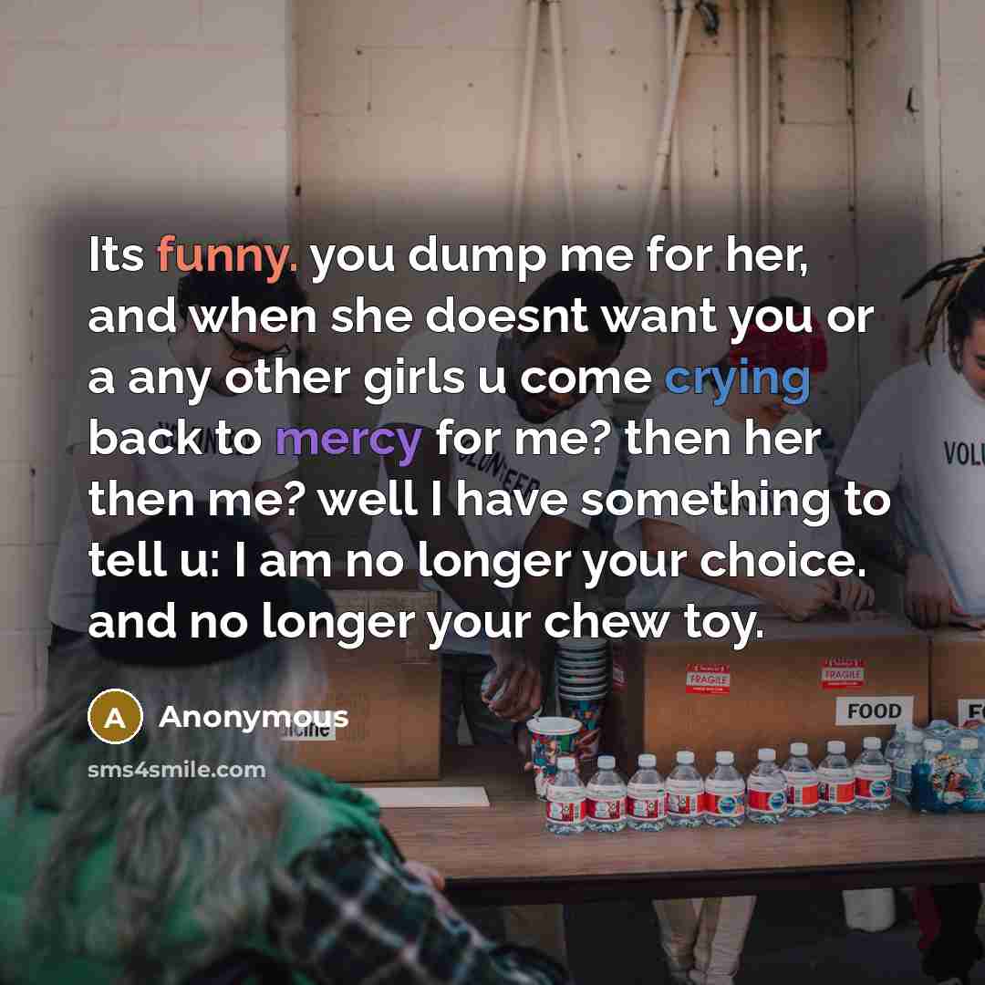 “Its funny. you dump me for her, and when she doesnt want you or a any other girls u come crying back to mercy for me? then her then me? well I have something to tell u: I am no longer your choice. and no longer your chew toy.” quote by Anonymous