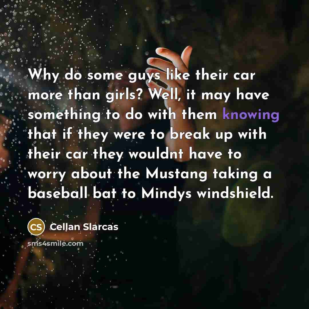 “Why do some guys like their car more than girls? Well, it may have something to do with them knowing that if they were to break up with their car they wouldnt have to worry about the Mustang taking a baseball bat to Mindys windshield.” quote by Cellan Slarcas