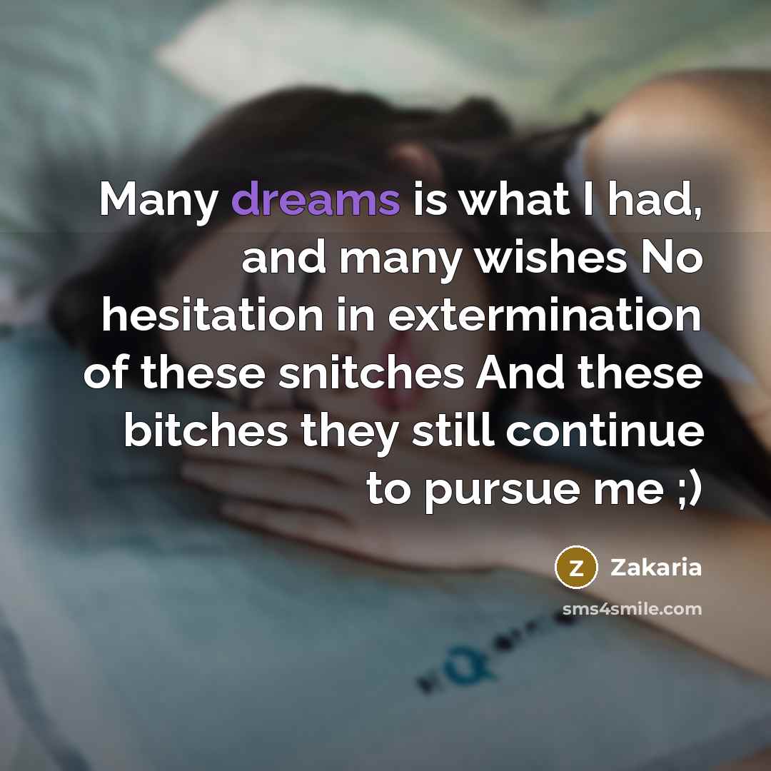 “Many dreams is what I had, and many wishes No hesitation in extermination of these snitches And these bitches they still continue to pursue me ;)” quote by Zakaria