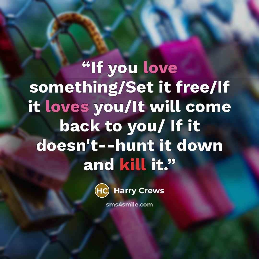 “If you love something/Set it free/If it loves you/It will come back to you/ If it doesn't--hunt it down and kill it.” quote by Harry Crews