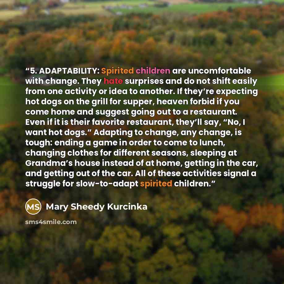 “5. ADAPTABILITY: Spirited children are uncomfortable with change. They hate surprises and do not shift easily from one activity or idea to another. If they’re expecting hot dogs on the grill for supper, heaven forbid if you come home and suggest going out to a restaurant. Even if it is their…” quote by Mary Sheedy Kurcinka